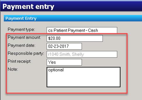 Patient Chart- Patient Payment Entry 3. Payment Amount: Enter amount. Payment Date: Defaults to today.