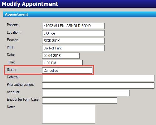 Scheduling Cancel an Appointment Locate the appointment to be cancelled and double-click on the appointment slot. The Modify Appointment screen will open.