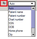 Patient Search Pane The Patient Search Pane: To locate a patient, first use the By drop-down to select the search option. By default, Auto will be selected and that will search all available fields.