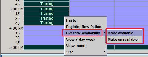 Scheduling Blocking and Unblocking Slots Overrides can be done on the schedule to change the availability of time slots. To initiate an override, click on a time cell.