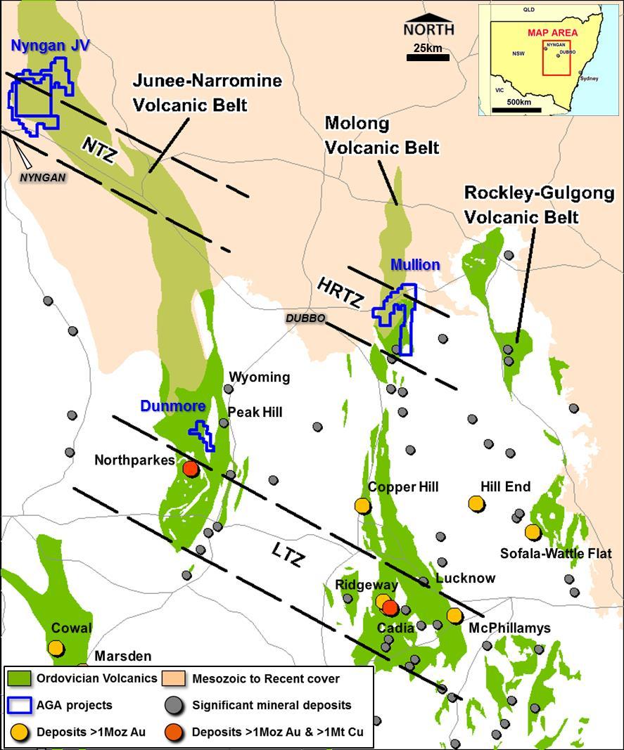 NSW exploration projects New South Wales Macquarie Arc porphyry Cu-Au belts host significant Au and Cu-Au deposits. Cadia-Ridgeway: 56.2 Moz Au & 10.7 Mt Cu Northparkes: 4.3 Moz Au & 3.