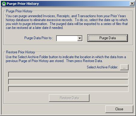 Select the year up to which you wish to purge by using the Purge Data Prior To drop down box and then select Purge Data. This process can take a while depending on the amount of data being purged.