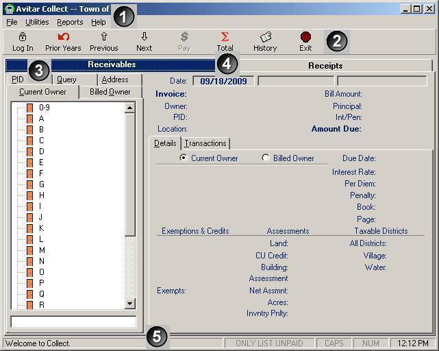 1. Menus 2. Toolbar 3. Data Access Tabs 4. Data Display Tabs 5. Status Bar Note: The syntax used throughout this document to refer to items available on the menus is Menu Name Menu Item Sub Menu Item.