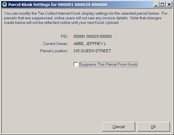The Suppress/Display Parcel option is used to suppress a parcel s information from displaying online, as well as to once again display a parcel that was previously suppressed.