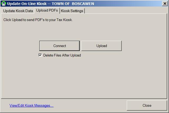 Upload PDFs Tab (Only Available as part of the Comprehensive tax Kiosk configuration) The Upload PDFs tab is used to transfer the PDFs you created of the tax bills to your Tax Kiosk, making them
