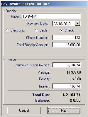 invoice you wish to pay. Change the Interest Date to reflect the postmark date, if applicable (see Changing Interest Date). On the Toolbar, click the Pay button to display the dialog box.