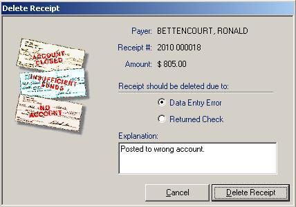Deleting Receipt In the Avitar Tax Collect system there are two functions available that you can use to correct errors or delete a receipt: Delete Receipt and Delete Transaction from Receipt.