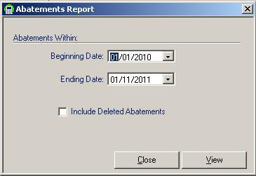 Abatement report as a separate entry and total. This report should be used for your monthly and yearly balancing. To view and print the Abatements Report, from the main menu select Reports Abatements.