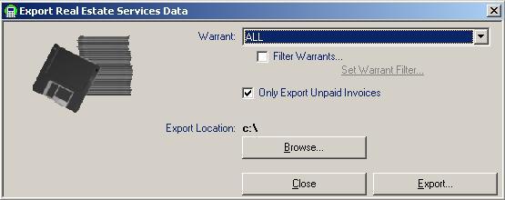 To Export Invoices, choose Utilities Real Estate Services Export Invoices. The Export Real Estate Services Data dialog box displays.