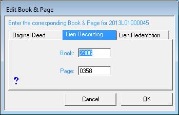 Edit Book & Page The Edit Book & Page function allows you to record the book & page number of the executed lien, which was recorded at the Registry of Deeds.