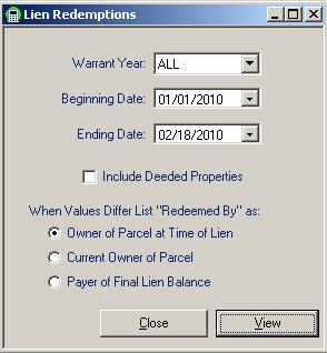 Fill in the information as follows: Warrant Year: Using the Warrant Year drop down box, select the lien warrant to restrict the report or leave as ALL.