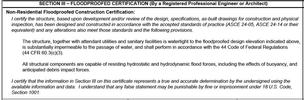 FEMA Floodproofing Certificate has been designed and constructed in accordance with the accepted