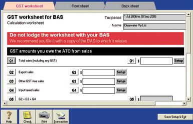 Processing a BAS using your MYOB software 11 To set up the MYOB BASlink fields 1. Click the GST worksheet tab.