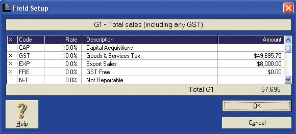 In the example above, the GST, EXP and FRE tax codes have been selected for the G1 field.