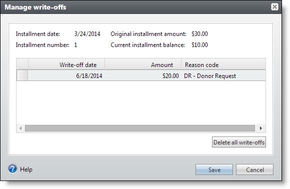 RECURRING GIFTS 148 3. For each write-off, you can edit the write-off date, amount, and reason code. As you change the amount, the current installment balance updates to reflect the remaining balance.