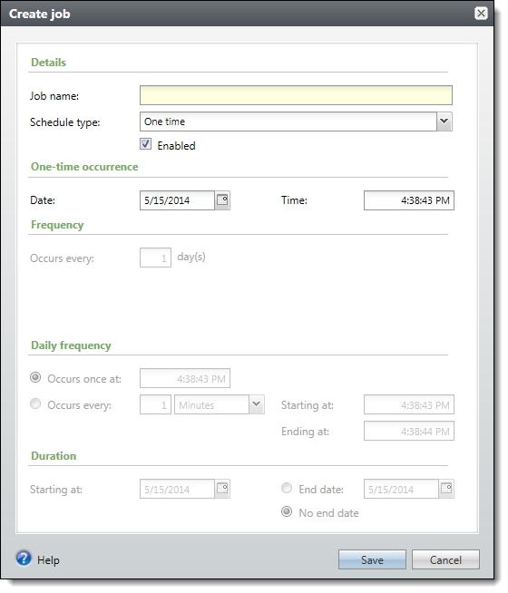 GENERA L LEDGER 242 Create a job schedule 1. On the Job schedules tab of the process, click Add. The Create job screen appears. 2. In the Job name field, enter a name for the scheduled process. 3.