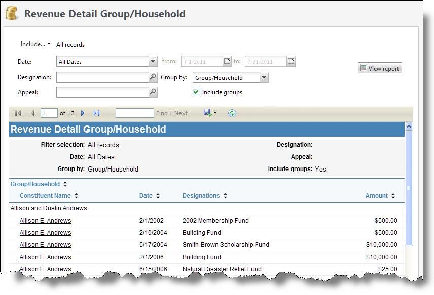 258 CHAPTER 11 View the Giving Detail Group/Household report 1. From Revenue, click Giving detail group/household under Reports.