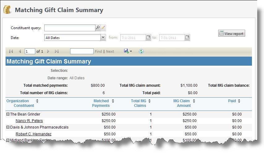 REVENUE REP ORTS 261 Matching Gift Claim Summary Report With the Matching Gift (MG) Claim Summary report, you can view information about a specific set of matching gift claims, based on a query