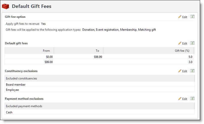 27 CHAPTER 2 Under Gift fee option, you can view whether gift fees apply to new payment transactions. If gift fees are enabled, you can view to which types of payment applications the fees apply.
