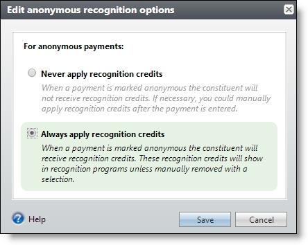 REVENUE CONFIGURA TION 36 When you select Payment is anonymous on the Add or Edit a payment screen, or through an enhanced revenue batch, the program uses the default option you set on the