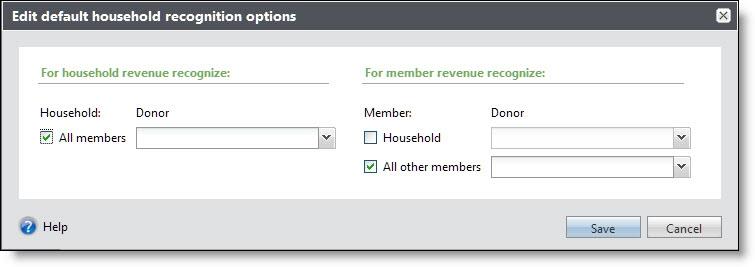 37 CHAPTER 2 Default Household Recognition On the Recognition Settings page, you can view the default options set to automatically create recognition credits for constituent households.