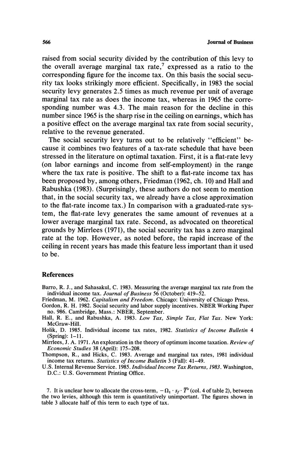 566 Journal of Business raised from social security divided by the contribution of this levy to the overall average marginal tax rate,7 expressed as a ratio to the corresponding figure for the income