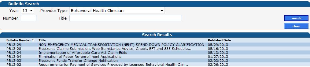Provider Bulletins Provider bulletin search by Year 13 and Provider Type Behavioral Health Clinician