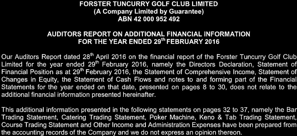 AUDITORS REPORT ON ADDITIONAL FINANCIAL INFORMATION FOR THE YEAR ENDED 29'' FEBRUARY 20.