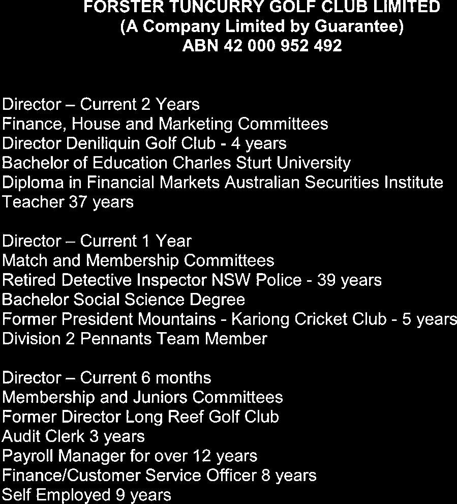 AN Reed G Leonard M Dunn Director - Current 2 Years Finance, House and Marketing Committees Director Deniliquin Golf Club - 4 years Bachelor of Education Charles Stun University Diploma in Financial