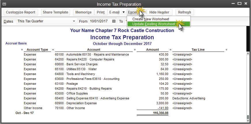7.20 Exploring QuickBooks with Rock Castle Construction INCOME TAX PREPARATION REPORT Before printing the Income Tax Summary report, check your QuickBooks accounts to see that the correct Tax Line is