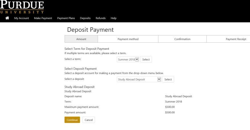 next step shows the amount of the deposit, which is $500.