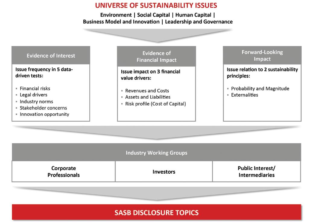 Evidence of Financial Impact Next, SASB assesses the actual or potential impact of sustainability issues (e.g., product packaging ) on the financial performance of companies in an industry.