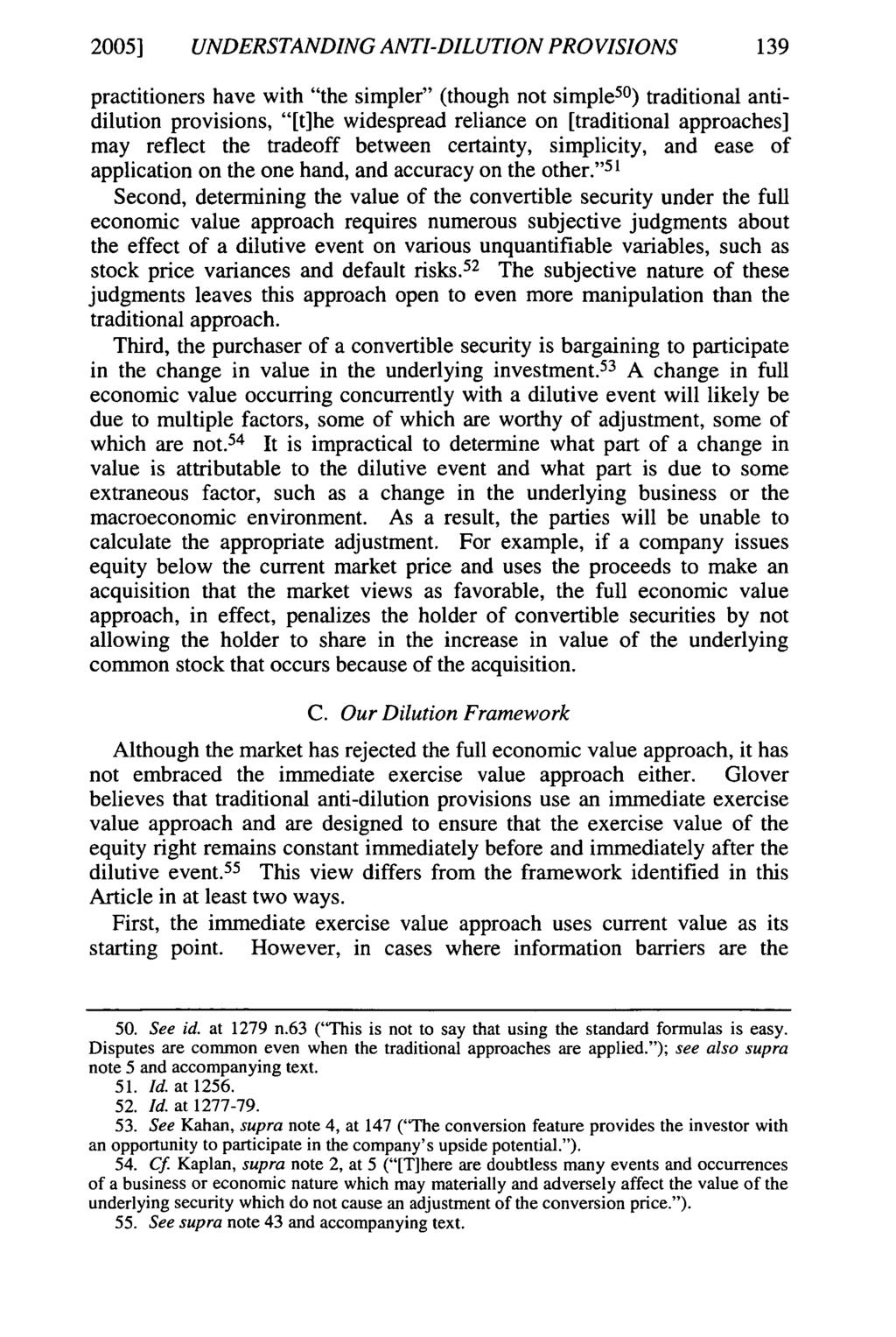 2005] UNDERSTANDING ANTI-DILUTION PROVISIONS 139 practitioners have with "the simpler" (though not simple 50 ) traditional antidilution provisions, "[t]he widespread reliance on [traditional