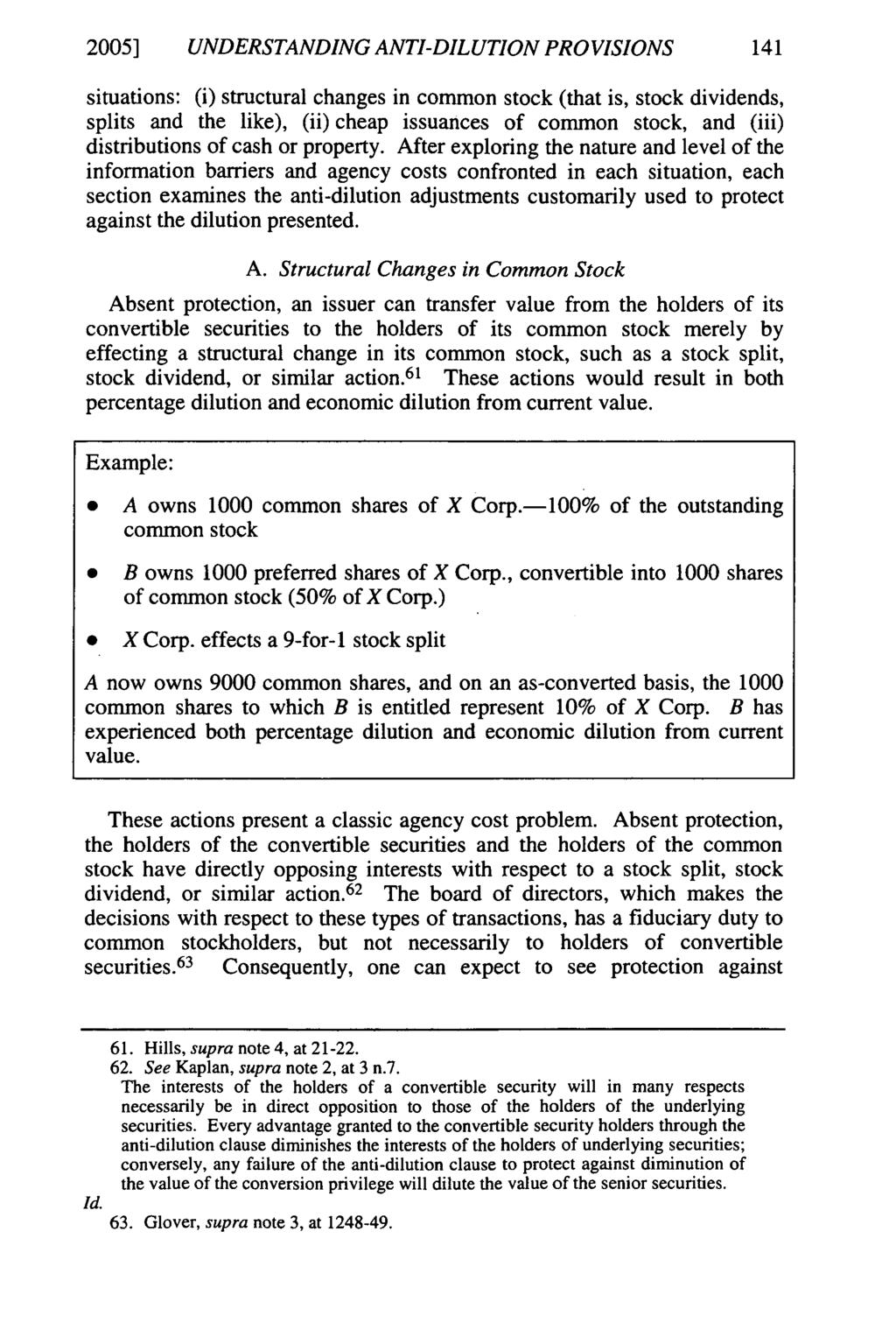 2005] UNDERSTANDING ANTI-DILUTION PROVISIONS 141 situations: (i) structural changes in common stock (that is, stock dividends, splits and the like), (ii) cheap issuances of common stock, and (iii)