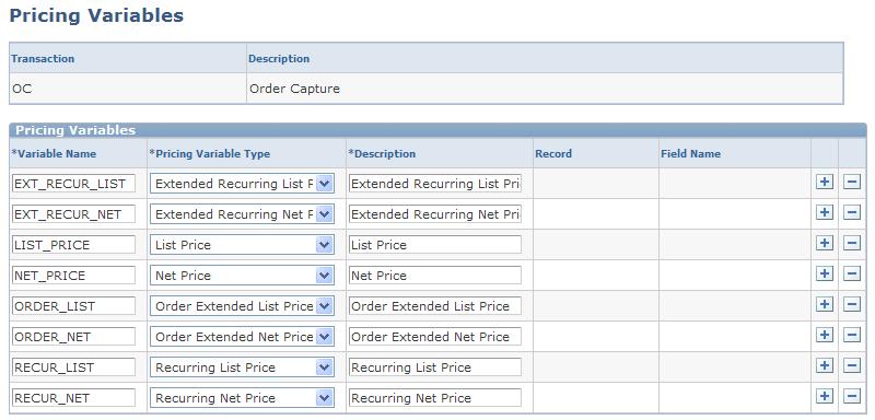 Chapter 2 Implementing PeopleSoft Enterprise Pricer Navigation Set Up CRM, Product Related, Enterprise Pricer, Pricing Variables, Pricing Variables Image: Pricing Variables page This example
