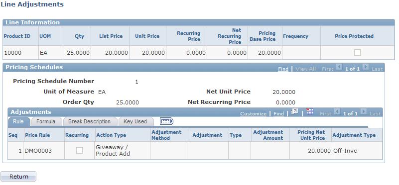 Working with the Pricing Simulator Chapter 6 Header Adjustments Page Use the Header Adjustments page (EOEP_TEST_HD_ADJST) to view the details of the adjustments that apply at the order level.