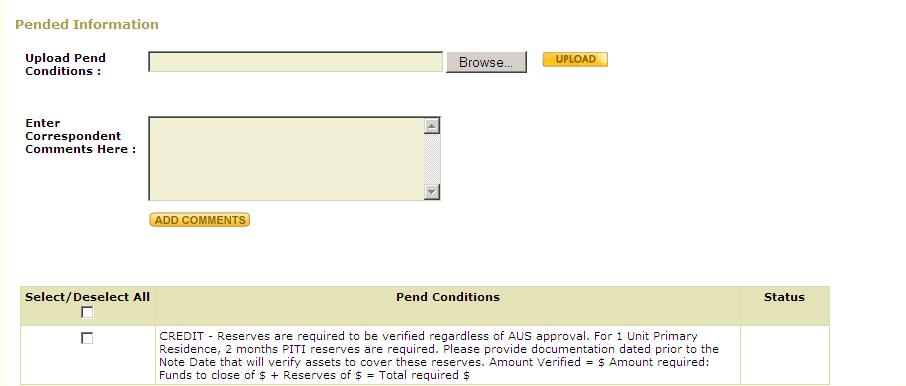 Imaged Loan Delivery Once conditions are placed on a loan, the only upload option will be for pended items.