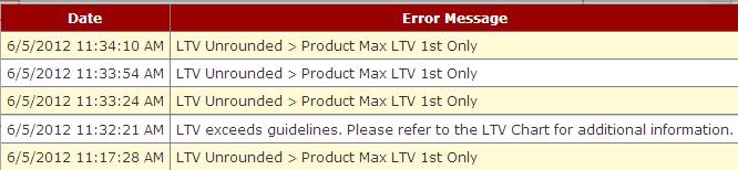 An Error Log is available at loan level for loans that do not meet loan parameters. The Error Log will retain a history of errors with a date and time stamp. Click on to view the error message.