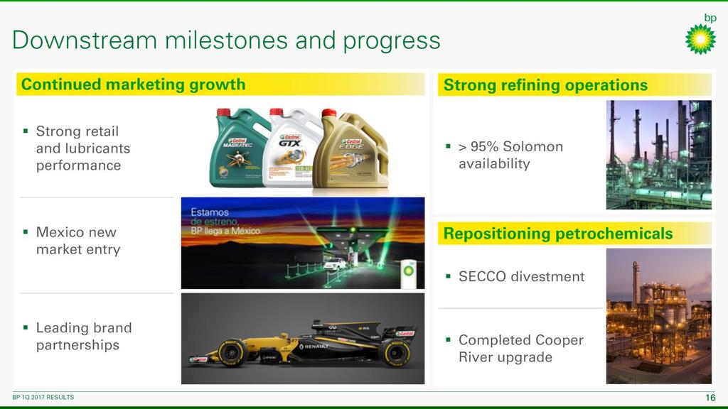 In the Downstream we are growing our marketing businesses, delivering strong operational performance and strengthening our competitive position.