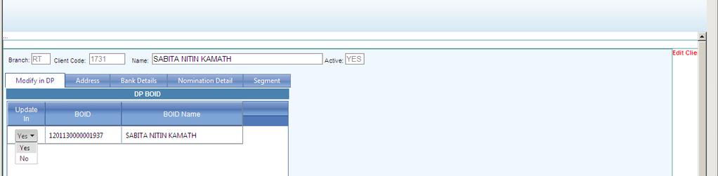 4 TAB MODIFY IN DP. The client s demat account held in PL-DP are displayed here.. In case of multiple account where client is first-holder, all account numbers shall be displayed here 3.