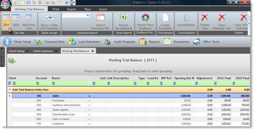 Working trial balance - Linking Select your current year (see arrow above) and your working trial balance
