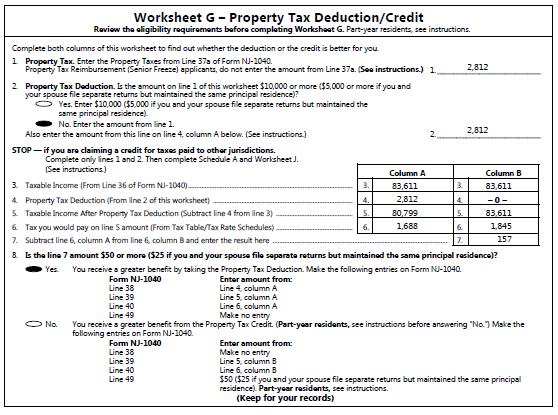 Since Mr. and Mrs. Fisher lived at more than one New Jersey residence during the tax year, they must complete Worksheet G-1 to determine the amount of Property Taxes to enter on Line 37a.