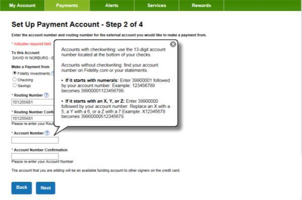 Select Next on screen 1 of 4. Then follow the easy steps to set up your payment account. You can choose an account from Fidelity or another financial institution.
