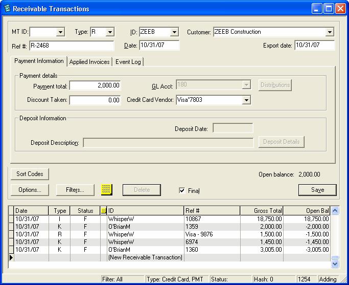 Setting Up CBS for Credit Card Processing Adding credit card information on the fly You can add credit card information on the fly from the Receivable Transactions window. 1.