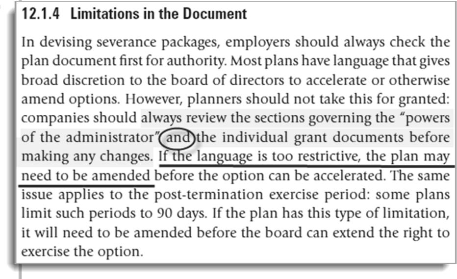 19 Documents Severance Limitations Reference: The Stock Options Book section 12.1.4 Textbook citation verified 2017 Syllabus xref verified 2017 3)E)xix) Docs > Plan > Severance Limitations in Docs