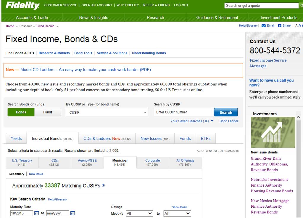 Where to find new issue municipals on Fidelity.com Research > Fixed Income, Bonds & CDs drop-down on Fidelity.