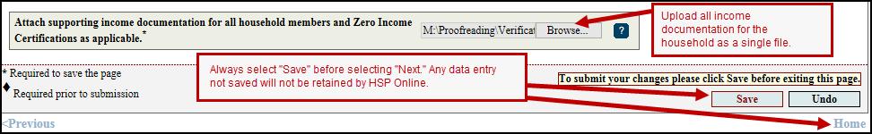 Upon selecting Yes to verify the information is correct, the screen will display an upload box for documentation to support the income entered in the