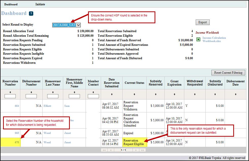 INITIATING AND COMPLETING A DISBURSEMENT REQUEST Log into HSP Online (see Accessing HSP Online). DASHBOARD Ensure the correct round is displayed in the Select Round To Display drop down menu.