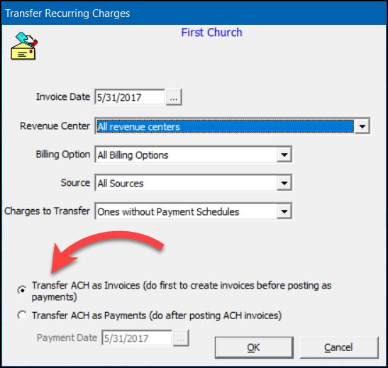 Run recurring charges to generate the ACH payments. From the Recurring Charge Information screen select Utility > Transfer Recurring Charges. o Select the Transfer ACH as Invoices radio button.