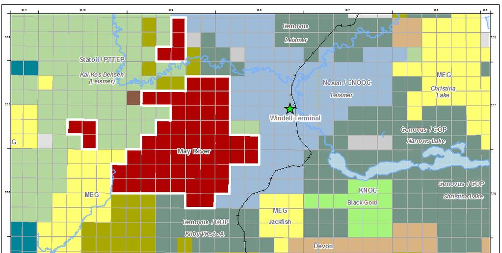 May River Property ~ 100,000 bbls/d 46,720 acres of of 100% working interest oil leases located in one of the most attractive areas of the Athabasca oil sands GLJ has assigned 157 mmbbls
